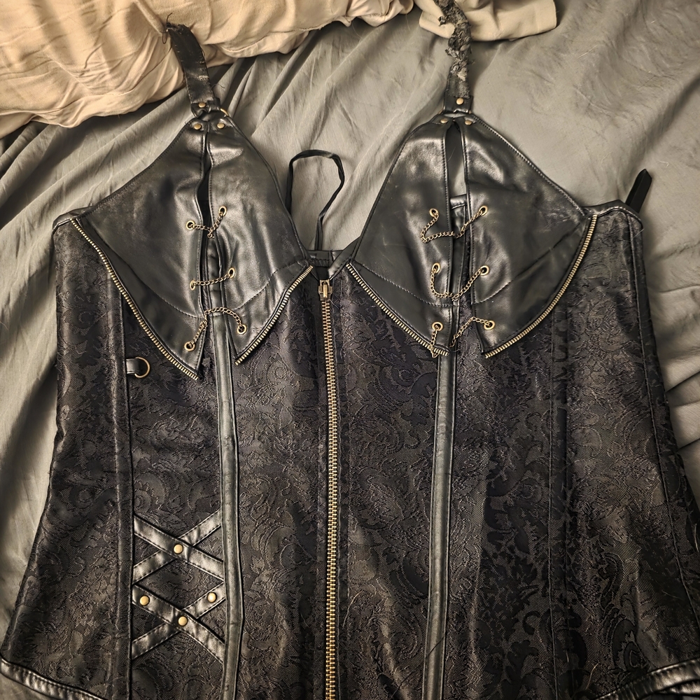 Black Lace-Panel Faux Leather Corset Vest with Zip Front and Grommet Detail